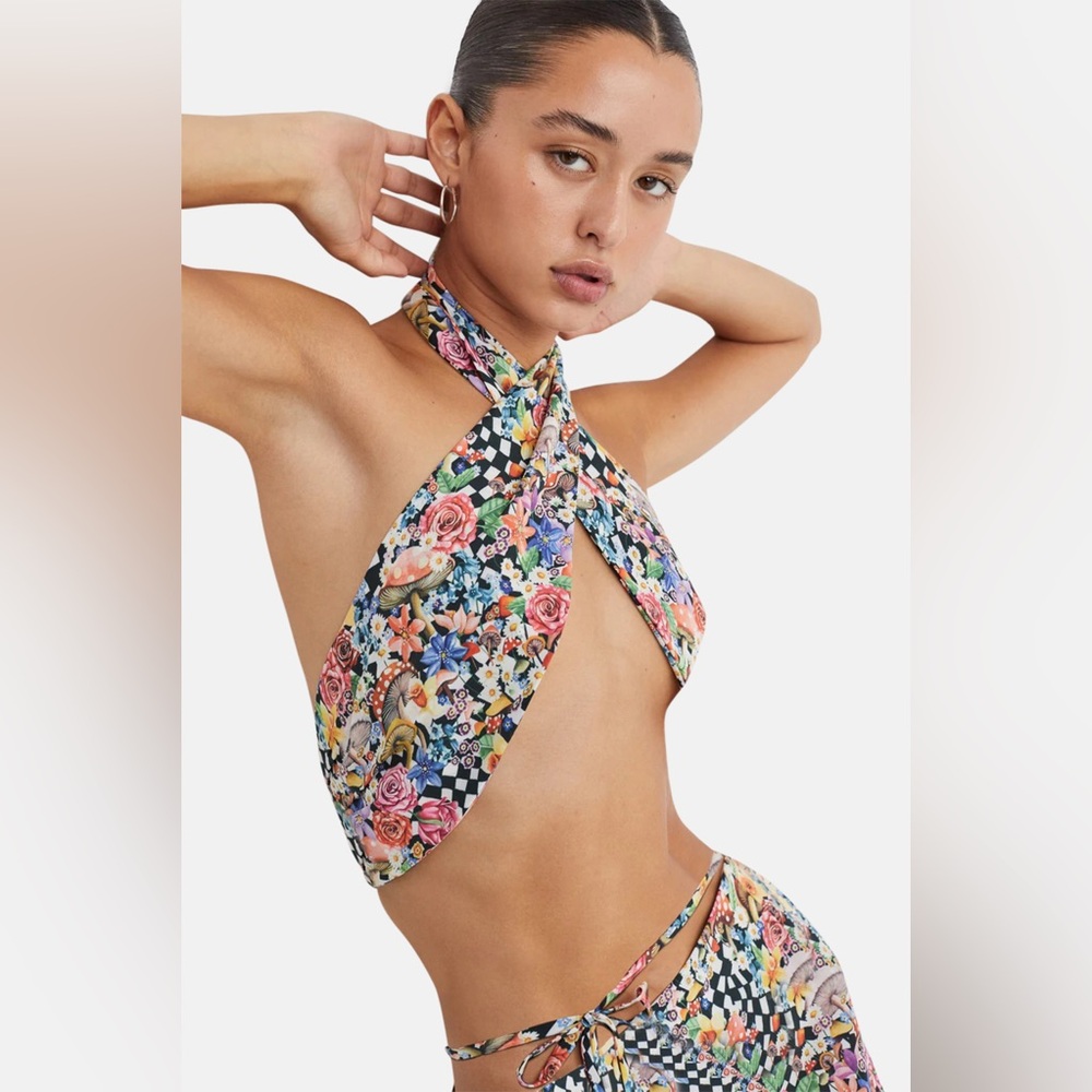 NEW For Love & Lemons Deidre Halter Scarf wrap Top floral checker size small